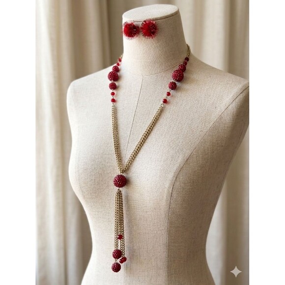 Unbranded Jewelry - Vintage Red Rhinestone Shamballa Ball Tassel Necklace & Earring Set